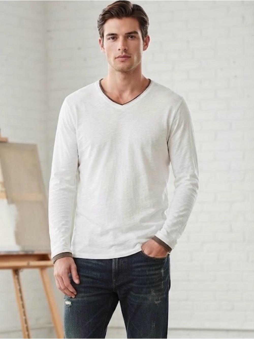 Vintage Men's Long-Sleeve V-Neck Shirt - Off-White with Taupe Trim